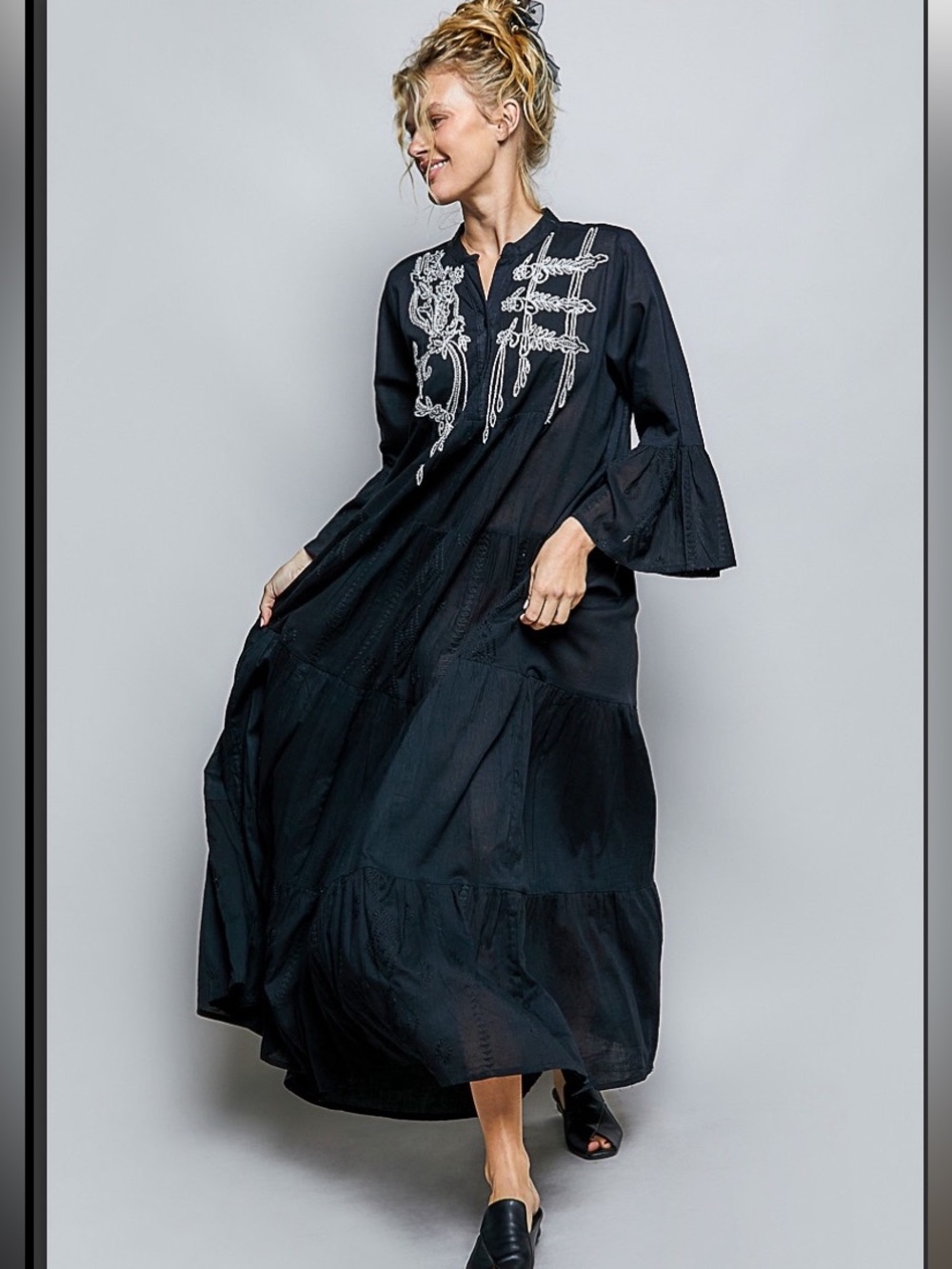 Embroidered Black Maxi Dress with Bell Sleeves